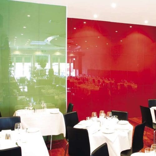 Green and Red Back Painted Glass Wall Partitions | Glass Wall Systems Gallery | Interior Glass Products | Anchor-Ventana Glass